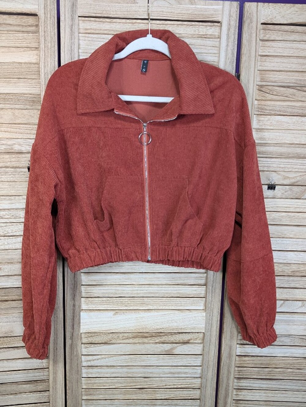 Lizaful Rust Corduroy Cropped Zip Jacket - Women Size 8